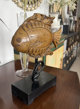 现货休闲美式复古做旧木制鱼家居样板间工艺品棕黄色玄关装饰摆件