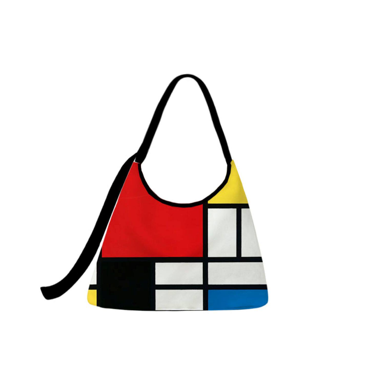 蒙德里安红黄蓝几何格子单肩斜挎包通勤外出大容量布包百搭拉链包