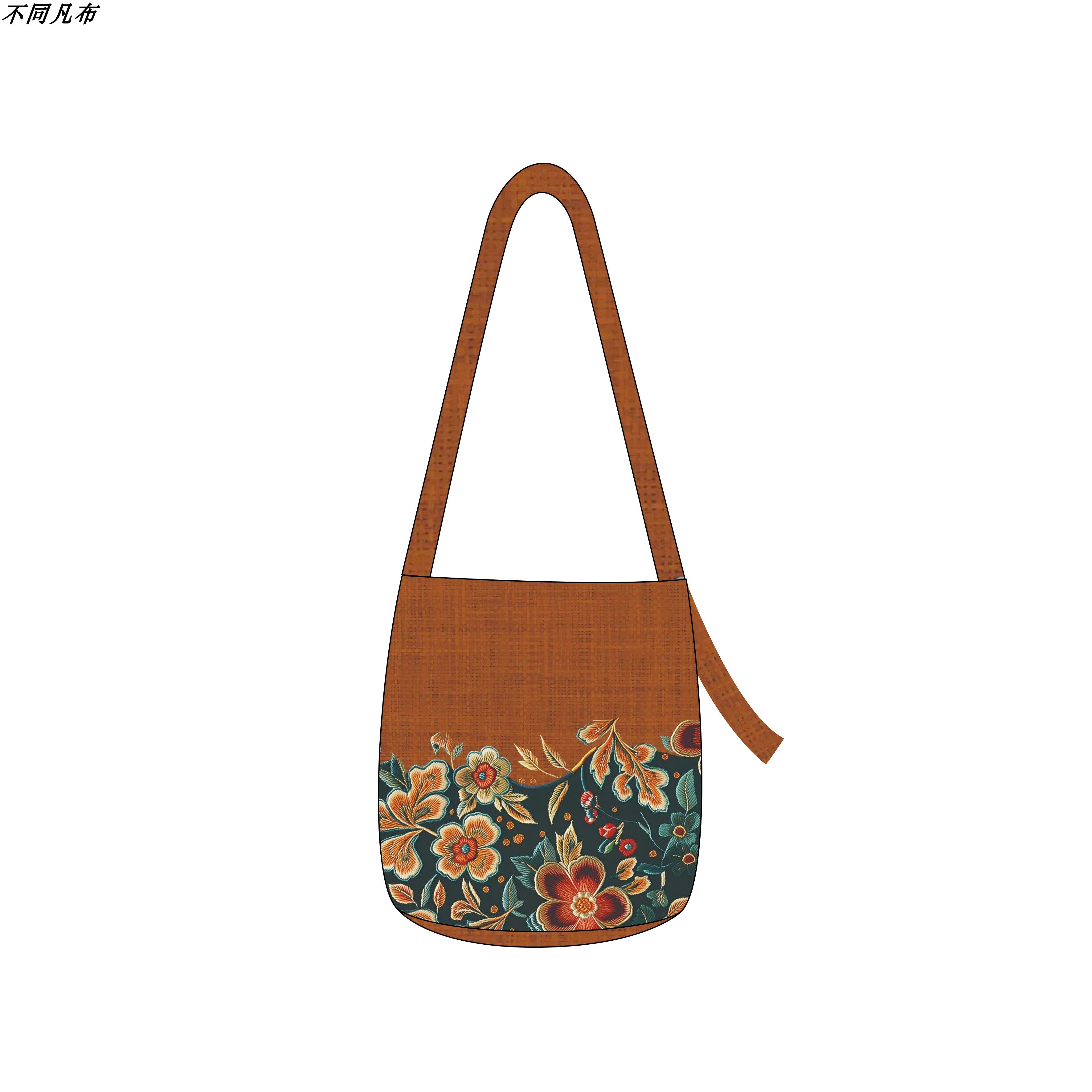 繁花小众中式国风文艺单肩斜挎水桶包简约帆布袋手提小众通勤女包