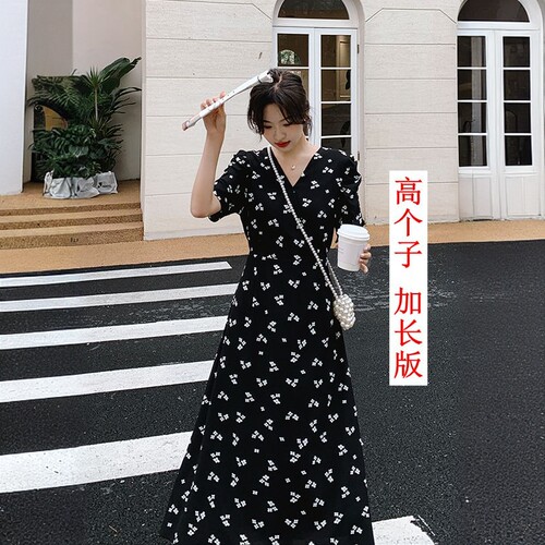高个子加长连衣裙v领收腰茶歇裙