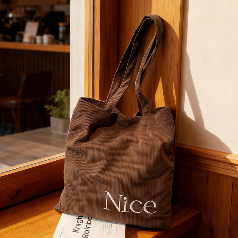 2025新款复古灯芯绒托特包女大容量字母印花单肩包百搭通勤水桶包