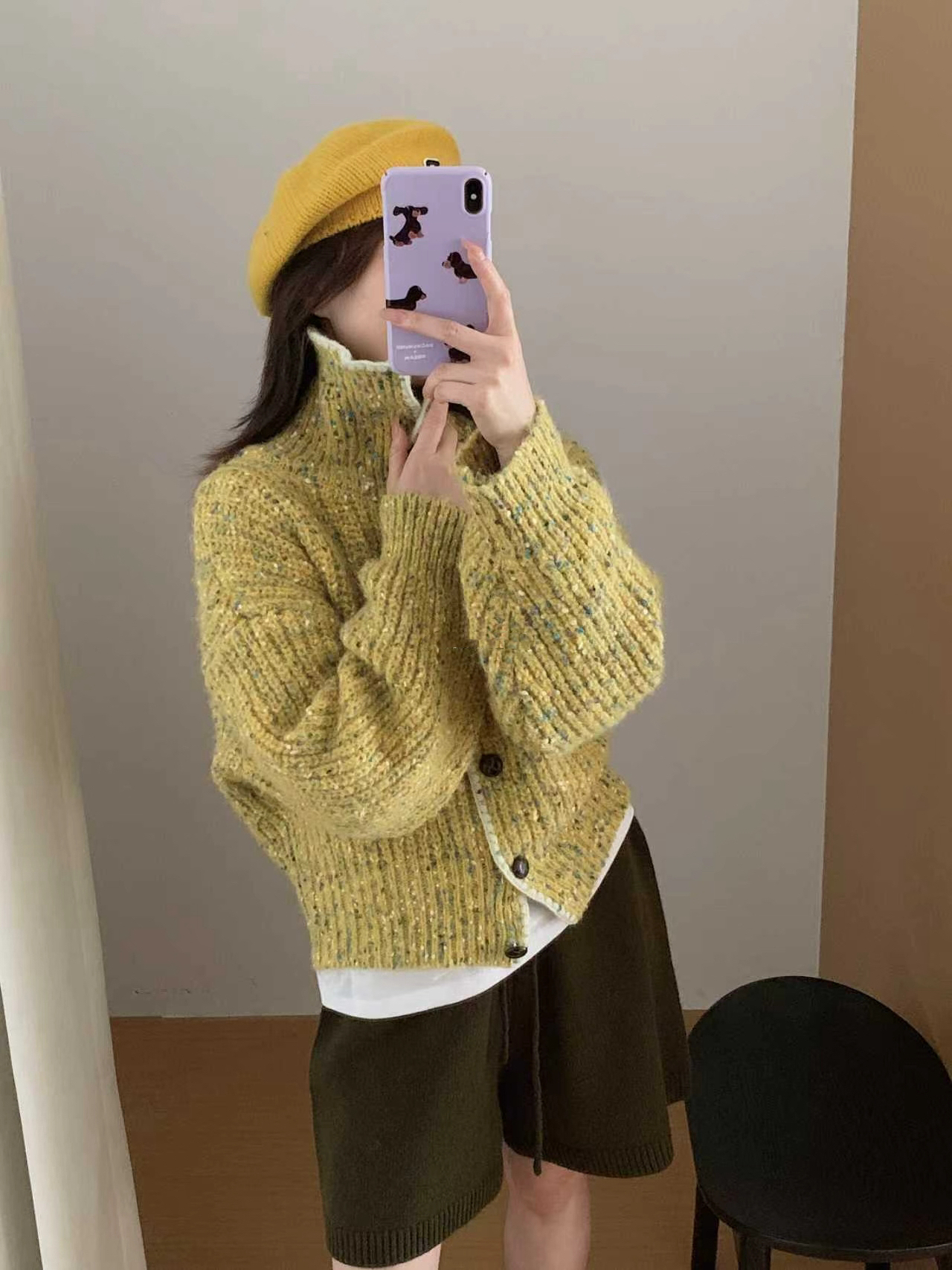 韩系慵懒风彩纱撞色翻领针织衫开衫女秋冬新款加厚百搭毛衣外套