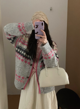 韩系慵懒风费尔岛撞色提花宽松气质毛衣女秋冬新款加厚百搭毛衣女