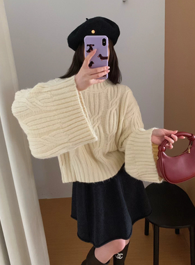 韩系简约风纯色高领宽松针织麻花毛衣秋冬新款百搭上衣