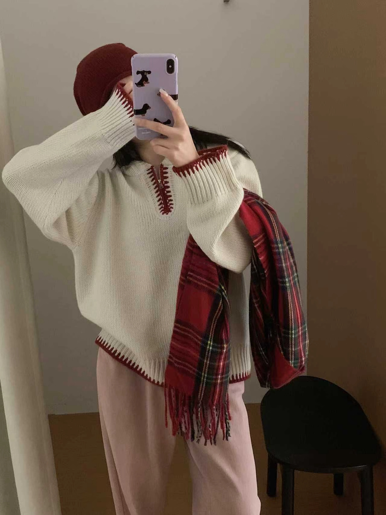 韩系撞色学院风减龄连帽毛衣女秋冬新款设计感休闲针织衫上衣女