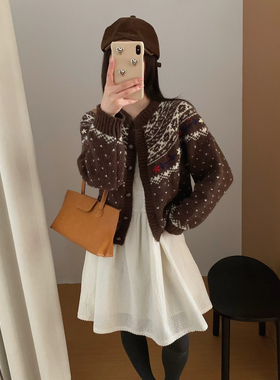 韩系复古提花针织开衫女秋冬新款软糯毛衣外套宽松百搭