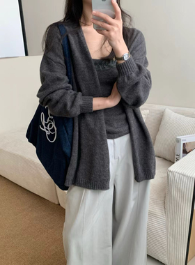 韩系慵懒风灰色长袖针织开衫女2025秋宽松显瘦辣妹毛衣外套两件套