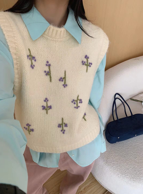 韩系手工刺绣花朵针织马甲女秋冬新款设计感百搭毛衣背心叠穿上衣