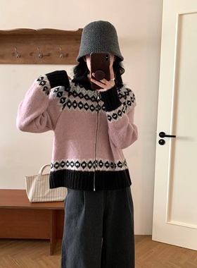 圣诞新年氛围感加厚毛衣开衫女秋冬新款设计感撞色提花针织衫外套