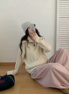韩系慵懒风麻花拉链毛衣女秋冬新款设计感百搭针织衫开衫女