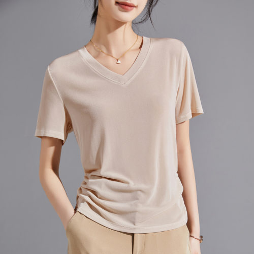 2026进口天丝三醋酸重磅短袖T恤女夏季老钱新贵V领设计正肩上衣