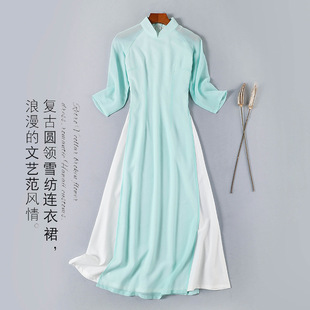 正宗越南奥黛旗袍茶艺师服中国风年轻修身显瘦日常文艺雪纺连衣裙