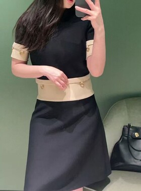 连衣裙女25春夏新款 名媛风圈环装饰拼接圆领短袖连衣裙