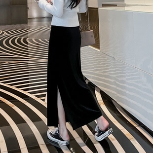 金丝绒半身裙黑色直筒侧开叉长裙25春秋显瘦高腰复古中长款包臀裙