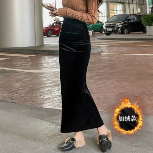 秋冬加绒半身裙女金丝绒黑色中长款 复古开叉长裙 一步裙包臀裙新款