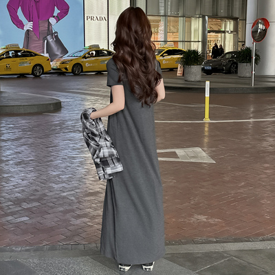 深灰色莫代尔连衣裙女慵懒风长裙