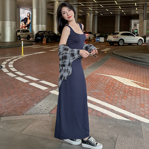 莫代尔长款吊带裙高个子方领裙子