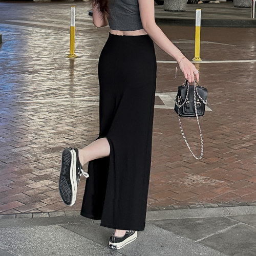 黑色垂感莫代尔半身裙显瘦长裙女夏季薄款高腰直筒后开叉灰色裙子