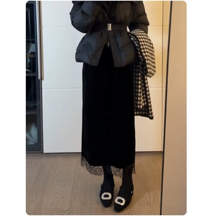 复古蕾丝拼接丝绒半身裙女黑色松紧腰宽松显瘦中长款包臀直筒长裙