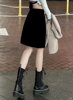 金丝绒高腰半身裙女短裙A字裙