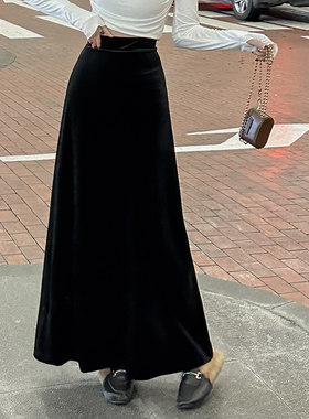 复古风黑色丝绒半身裙女A字长裙