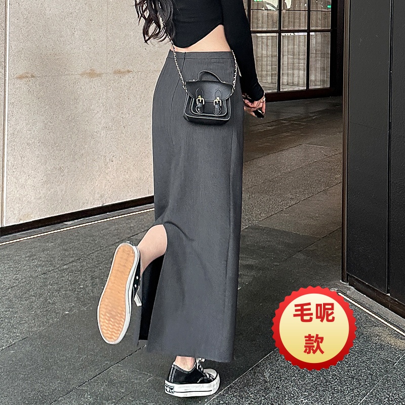 灰色毛呢半身裙女秋冬款季长裙