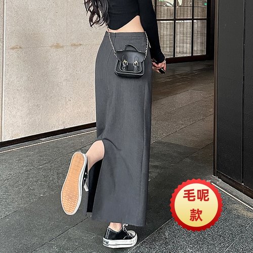 灰色毛呢半身裙女秋冬款季长裙