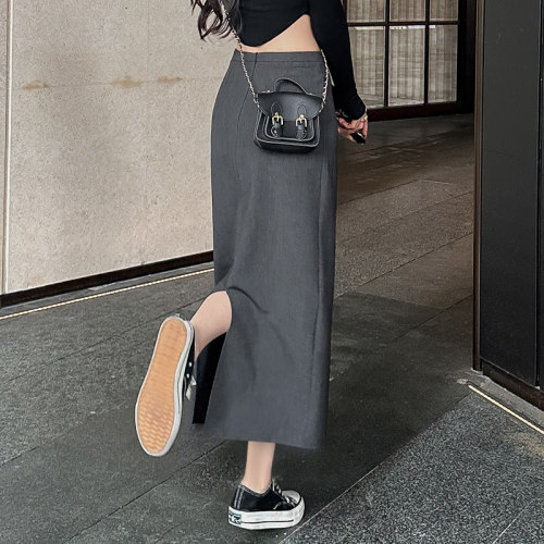 灰色中长款西装半身裙女