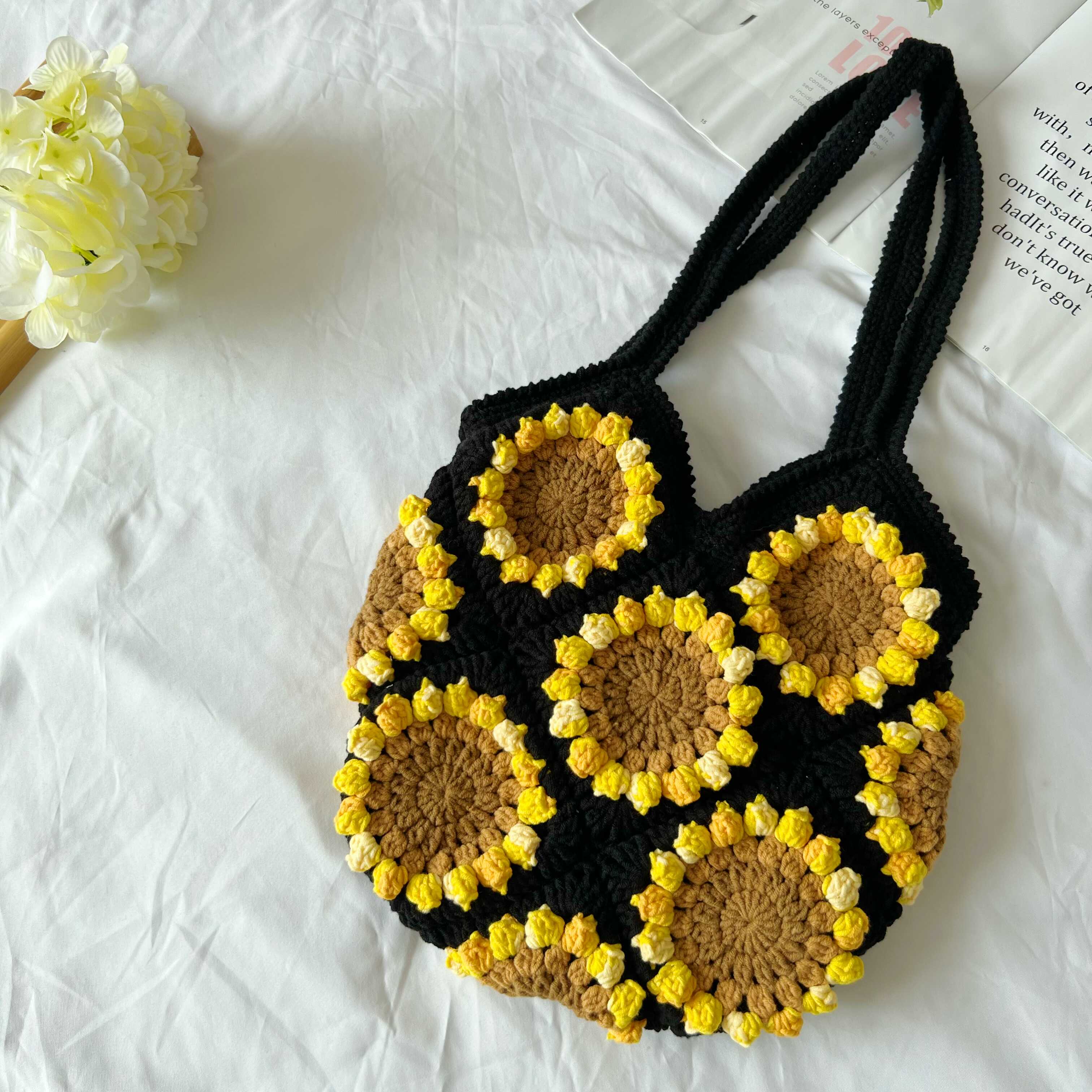 手工钩织crochet单肩包大号向日葵带内衬渡假送闺蜜编织成品