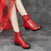 民族风短靴女加绒妈妈棉靴气质时装 靴真皮中跟软底舒适中老年女靴