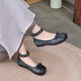 真皮防滑牛筋底文藝女鞋 復古森系手工單鞋 女軟皮軟底圓頭媽媽皮鞋