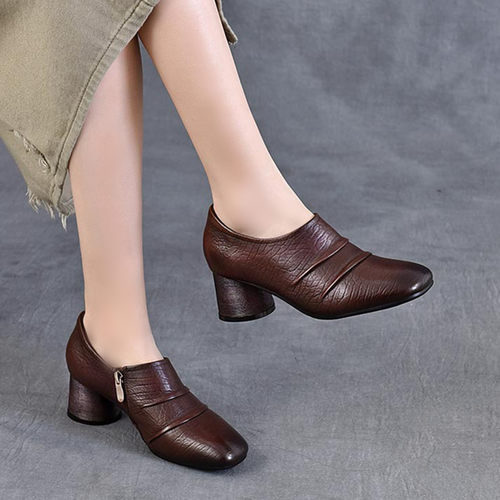复古牛皮方头粗跟通勤深口单鞋