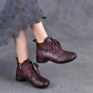 真皮短靴女单靴秋冬新款复古民族风女靴粗跟马丁靴软皮软底妈妈鞋