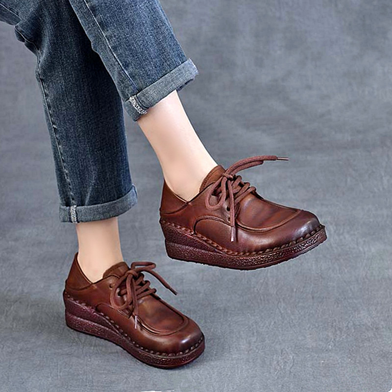 头层牛皮坡跟单鞋女春秋款软底妈妈鞋休闲舒适不累脚中老年皮鞋