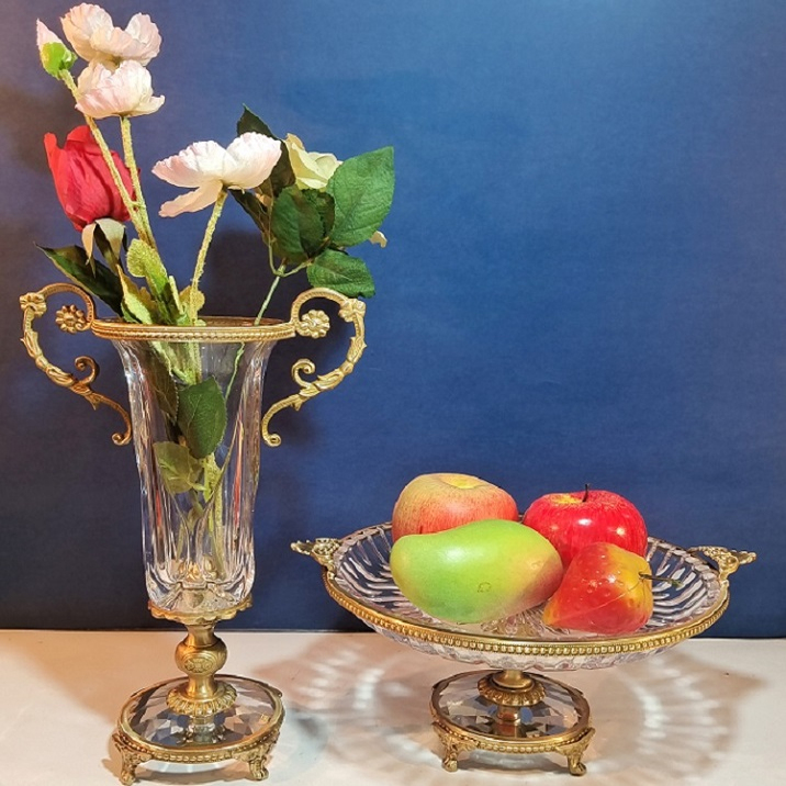 工艺品果盘摆件纯铜水晶鲜花花瓶