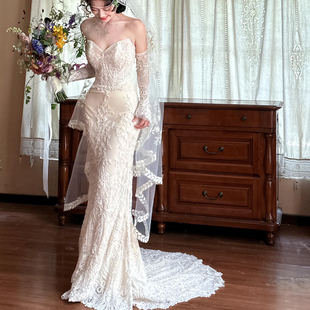 余爱手作多瑙河鱼尾婚纱抹胸蕾丝珠绣修身主婚纱出门纱重工新娘