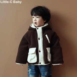 一件过冬~韩国儿童羊羔绒拼色连帽外套秋冬新款潮范男童棉服棉衣
