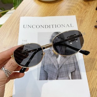 日本代购 小脸高级感凯旋门复古金属椭圆近视太阳镜 金边墨镜新款