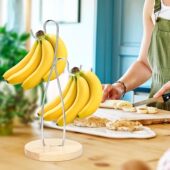 厨房香蕉挂架实木底座立式 简约创意能挂钩置物架水果架防锈免打孔