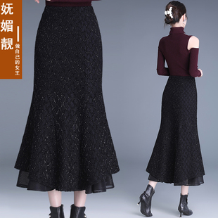 加绒加厚亮丝格子长裙黑色鱼尾裙包臀裙秋冬新款 高腰遮肚子半身裙