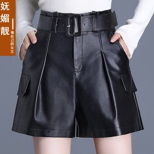 皮短裤 PU皮靴裤 女秋冬皮裤 高腰宽松显瘦阔腿裤 休闲五分裤 2025新款