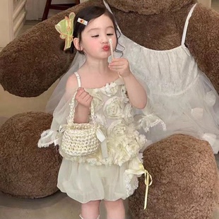 2026夏女童网纱裙公主蓬蓬裙渡假风吊带背心短裤实体正版