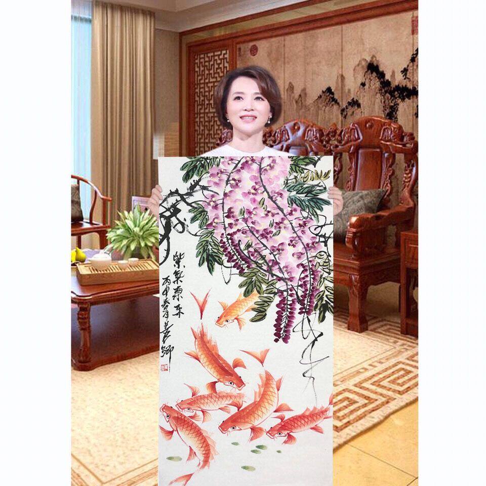 临摹主持人董卿三尺精品手绘国画紫气东来客厅装饰画收藏品赠照片