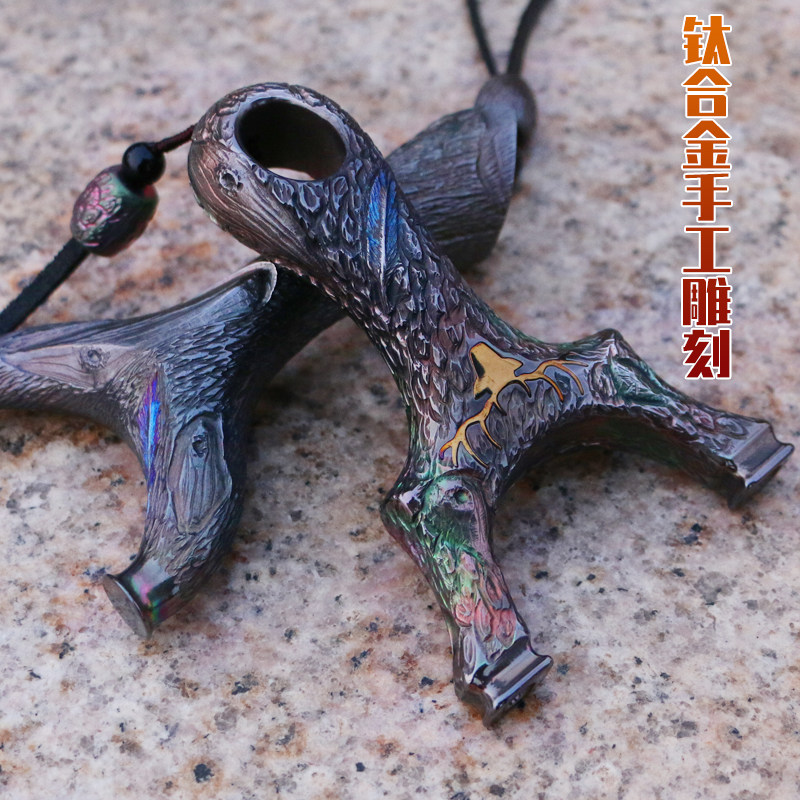新款高端钛合金tc21扁皮筋反曲飞虎弹弓高精度大威力手工雕刻鲨鱼
