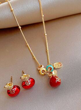 新款锆石滴油福袋吊坠耳钉新年福气满满项链中国风耳环轻奢高级感