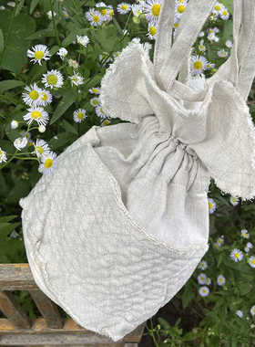 Marque de BRODEUSES福袋造型锦囊收口手提棉麻设计抽绳单肩布包