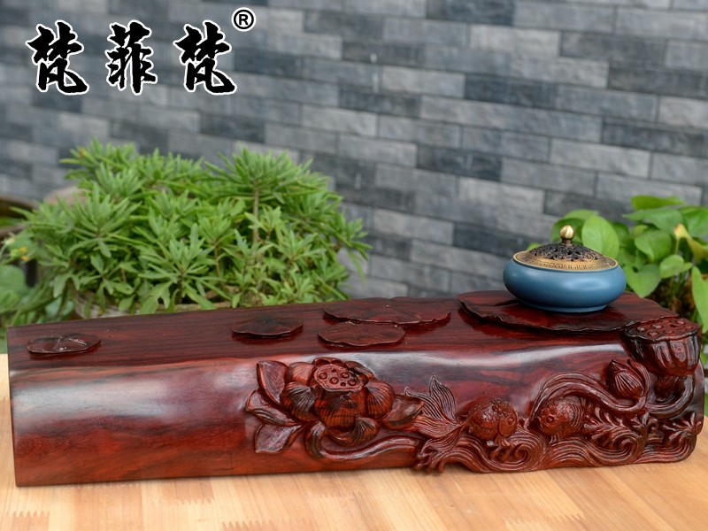 梵菲梵 印度小叶紫檀荷叶茶台莲花蓬雕件金星鱼鳞纹老料金鱼摆件