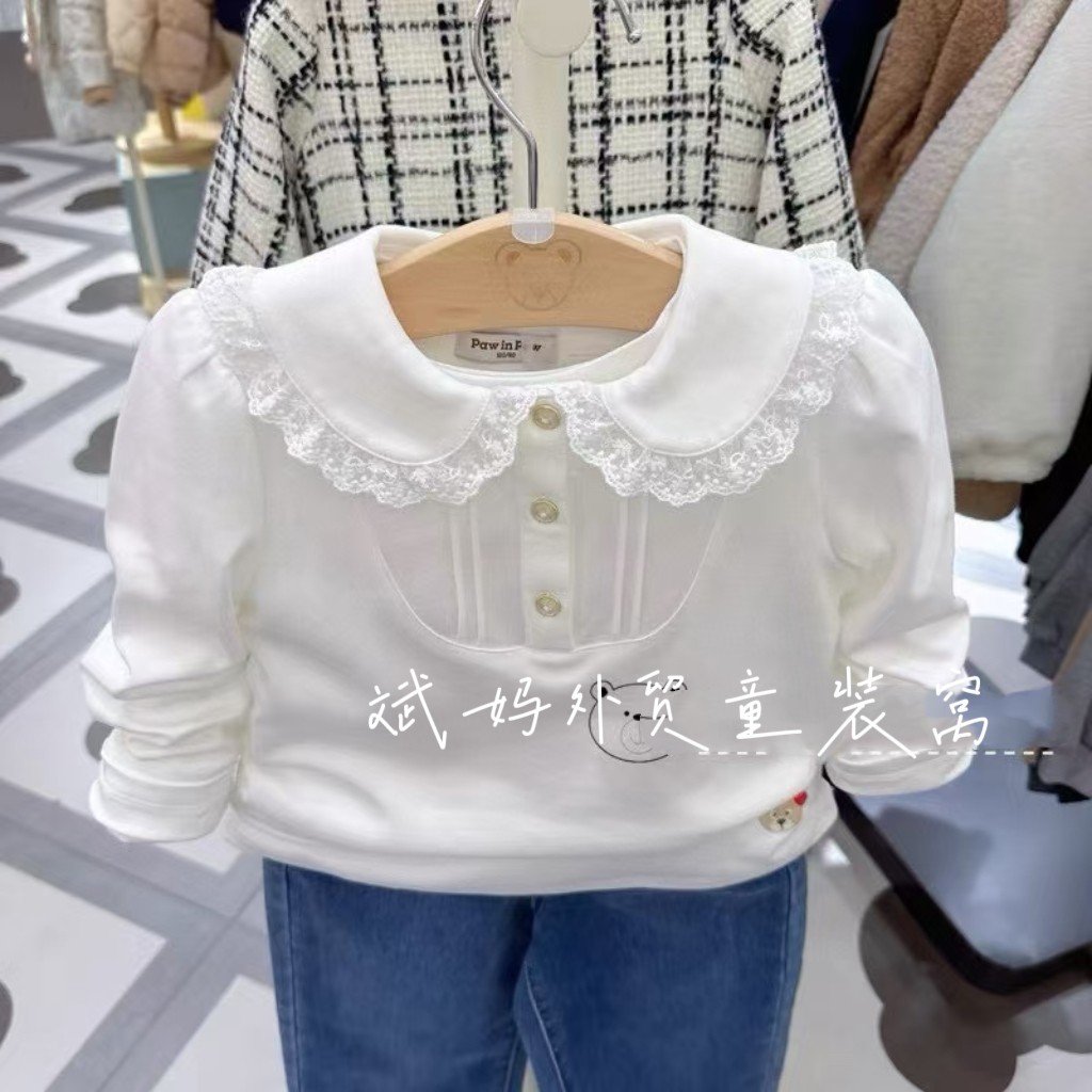 验货小熊童装25春款女童纯棉花边领白色长袖T恤PCLWF1221K