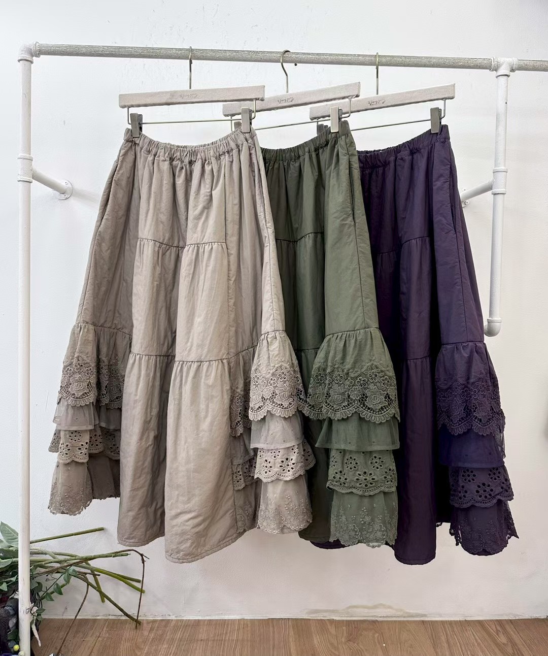 韩国2storyginy森系松紧腰拼接蕾丝夹棉半裙