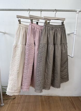 韩国2 story giny松紧腰侧边拼接蕾丝半身裙